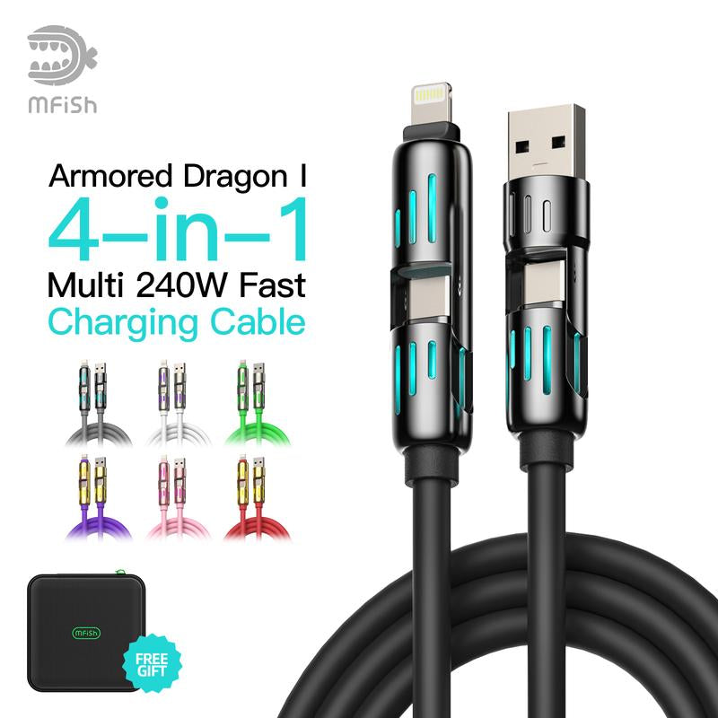 Mfish Universal 4-In-1 Multi USB Charging Cable with USB A,Type C,Lightning-Max 240W Fast Charging&Data Sync for Iphone&Samsung Efficient Electronic Smartphone Cellphone