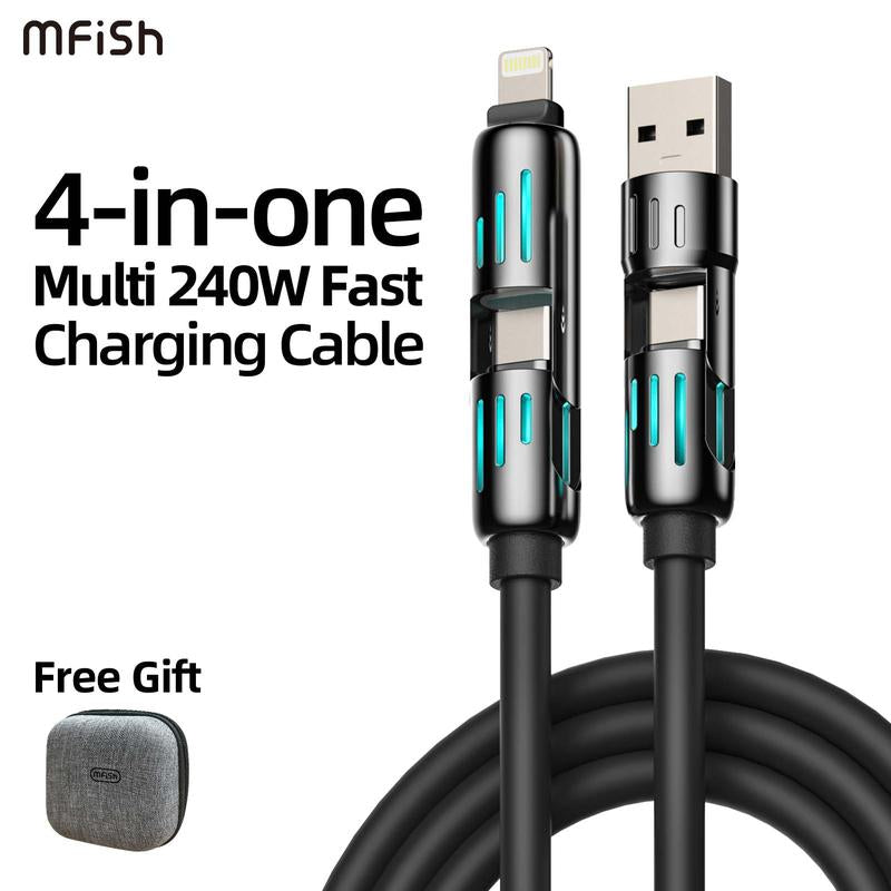 Mfish Universal 4-In-1 Multi USB Charging Cable with USB A,Type C,Lightning-Max 240W Fast Charging&Data Sync for Iphone&Samsung Efficient Electronic Smartphone Cellphone