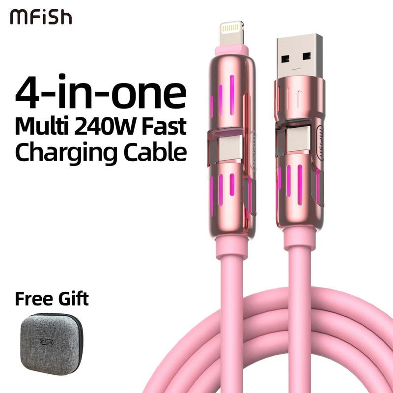 Mfish Universal 4-In-1 Multi USB Charging Cable with USB A,Type C,Lightning-Max 240W Fast Charging&Data Sync for Iphone&Samsung Efficient Electronic Smartphone Cellphone