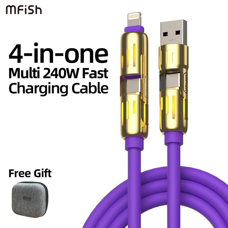Mfish Universal 4-In-1 Multi USB Charging Cable with USB A,Type C,Lightning-Max 240W Fast Charging&Data Sync for Iphone&Samsung Efficient Electronic Smartphone Cellphone