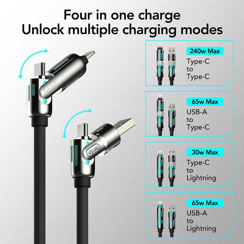 Mfish Universal 4-In-1 Multi USB Charging Cable with USB A,Type C,Lightning-Max 240W Fast Charging&Data Sync for Iphone&Samsung Efficient Electronic Smartphone Cellphone