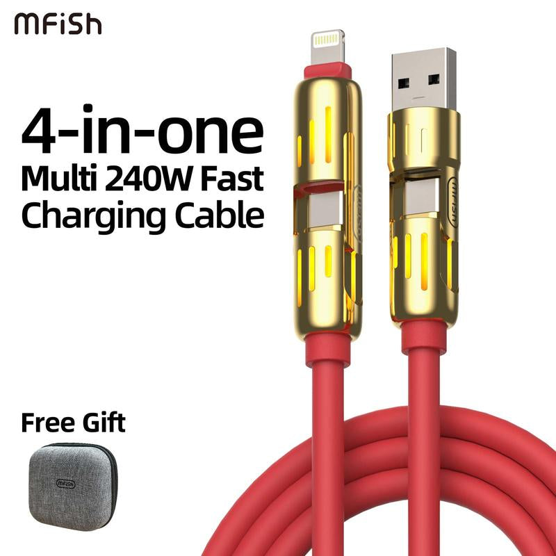 Mfish Universal 4-In-1 Multi USB Charging Cable with USB A,Type C,Lightning-Max 240W Fast Charging&Data Sync for Iphone&Samsung Efficient Electronic Smartphone Cellphone