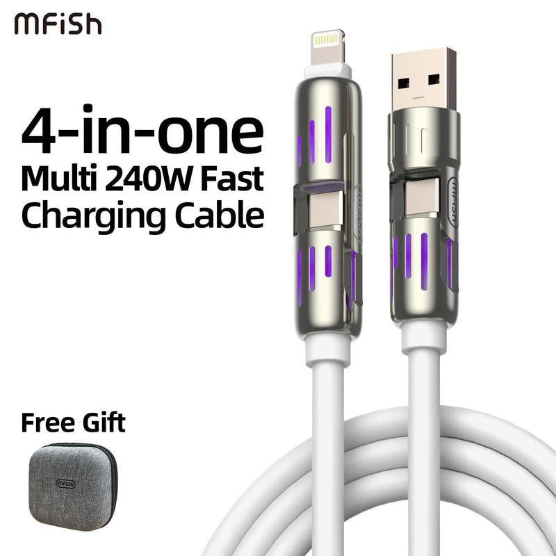 Mfish Universal 4-In-1 Multi USB Charging Cable with USB A,Type C,Lightning-Max 240W Fast Charging&Data Sync for Iphone&Samsung Efficient Electronic Smartphone Cellphone