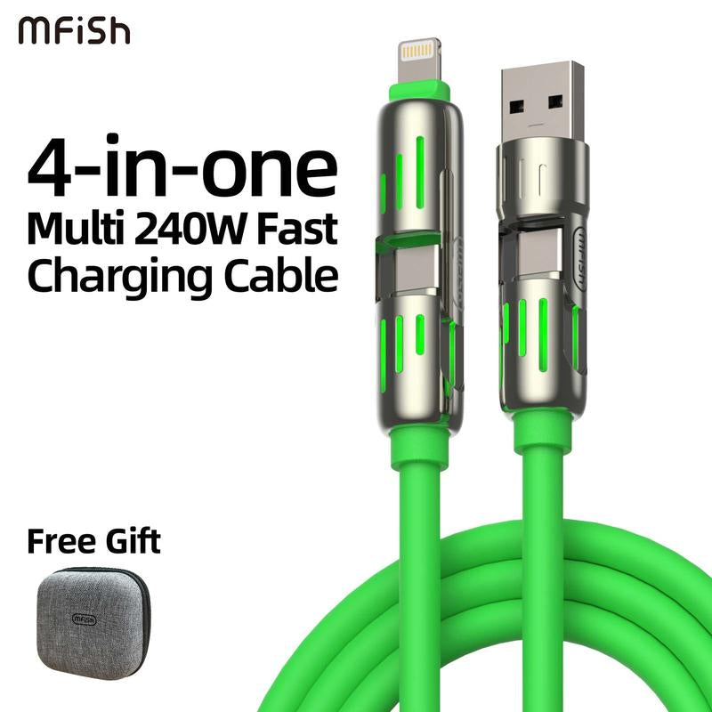 Mfish Universal 4-In-1 Multi USB Charging Cable with USB A,Type C,Lightning-Max 240W Fast Charging&Data Sync for Iphone&Samsung Efficient Electronic Smartphone Cellphone
