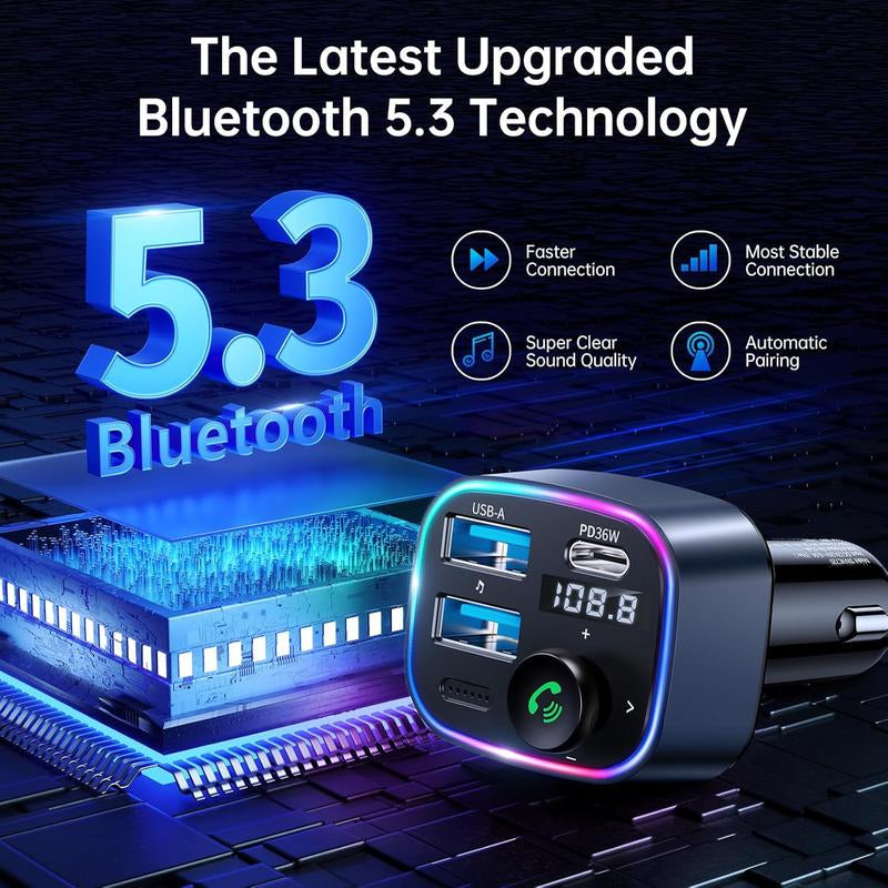 5.3 FM Transmitter Adapter 48W(PD 36W & 12W) [Light ] [Hi-Fi Deep Bass] [Fast ] Radio Music Adapter LED Display Hands-Free Calling Support USB Drive