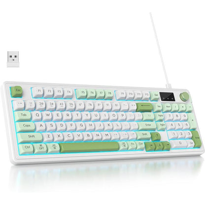 96% Matcha Green Keyboard with Number Pad Knob, 98 Silent Mechanical Feeling Membrane Creamy Gaming Keyboard 3-Mode Wired/ 5.0/2.4G for Win/(98 Matcha)