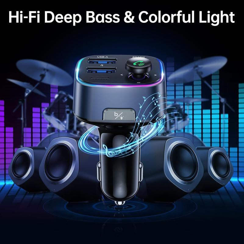 5.3 FM Transmitter Adapter 48W(PD 36W & 12W) [Light ] [Hi-Fi Deep Bass] [Fast ] Radio Music Adapter LED Display Hands-Free Calling Support USB Drive
