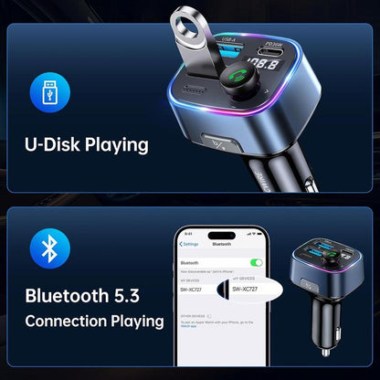 5.3 FM Transmitter Adapter 48W(PD 36W & 12W) [Light ] [Hi-Fi Deep Bass] [Fast ] Radio Music Adapter LED Display Hands-Free Calling Support USB Drive