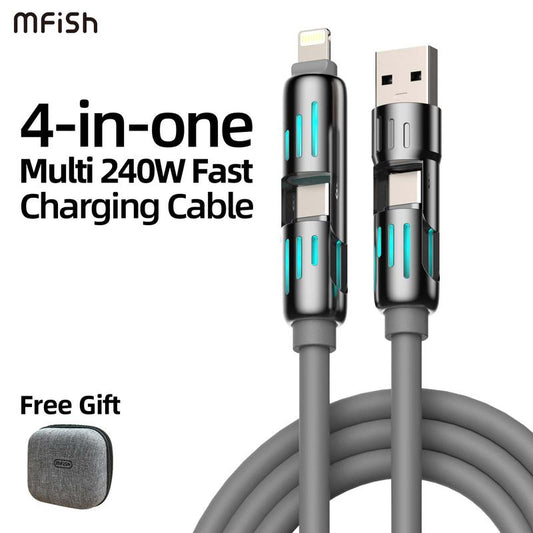 Mfish Universal 4-In-1 Multi USB Charging Cable with USB A,Type C,Lightning-Max 240W Fast Charging&Data Sync for Iphone&Samsung Efficient Electronic Smartphone Cellphone