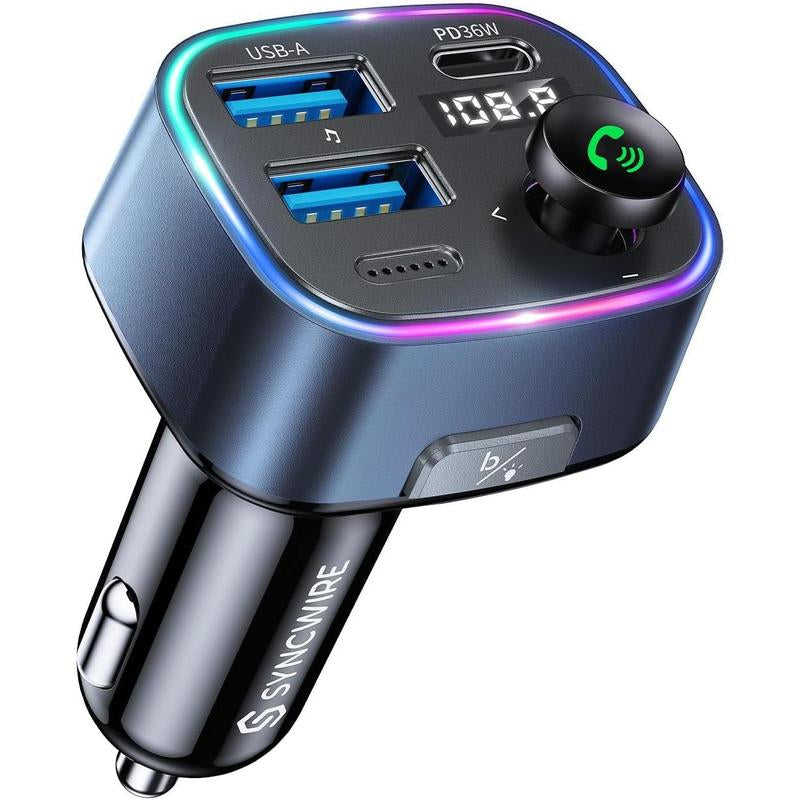 5.3 FM Transmitter Adapter 48W(PD 36W & 12W) [Light ] [Hi-Fi Deep Bass] [Fast ] Radio Music Adapter LED Display Hands-Free Calling Support USB Drive