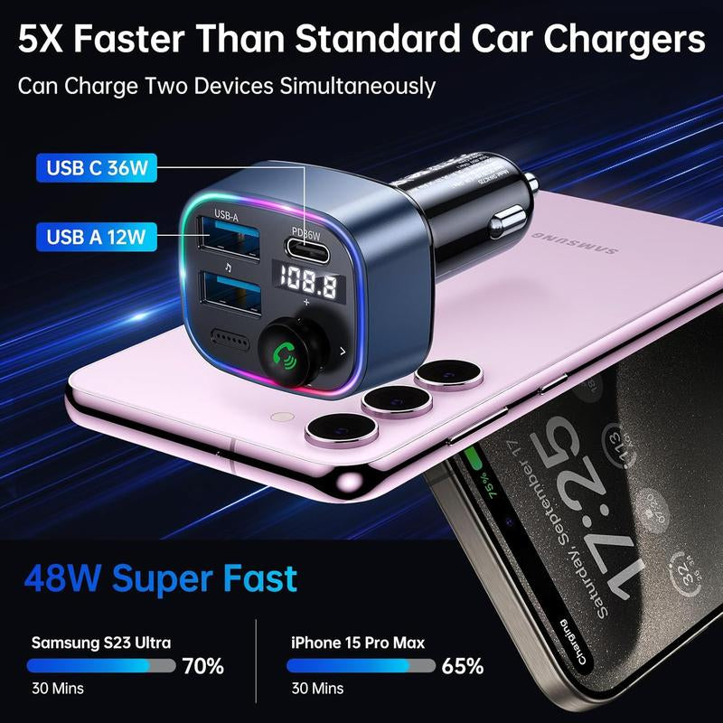 5.3 FM Transmitter Adapter 48W(PD 36W & 12W) [Light ] [Hi-Fi Deep Bass] [Fast ] Radio Music Adapter LED Display Hands-Free Calling Support USB Drive