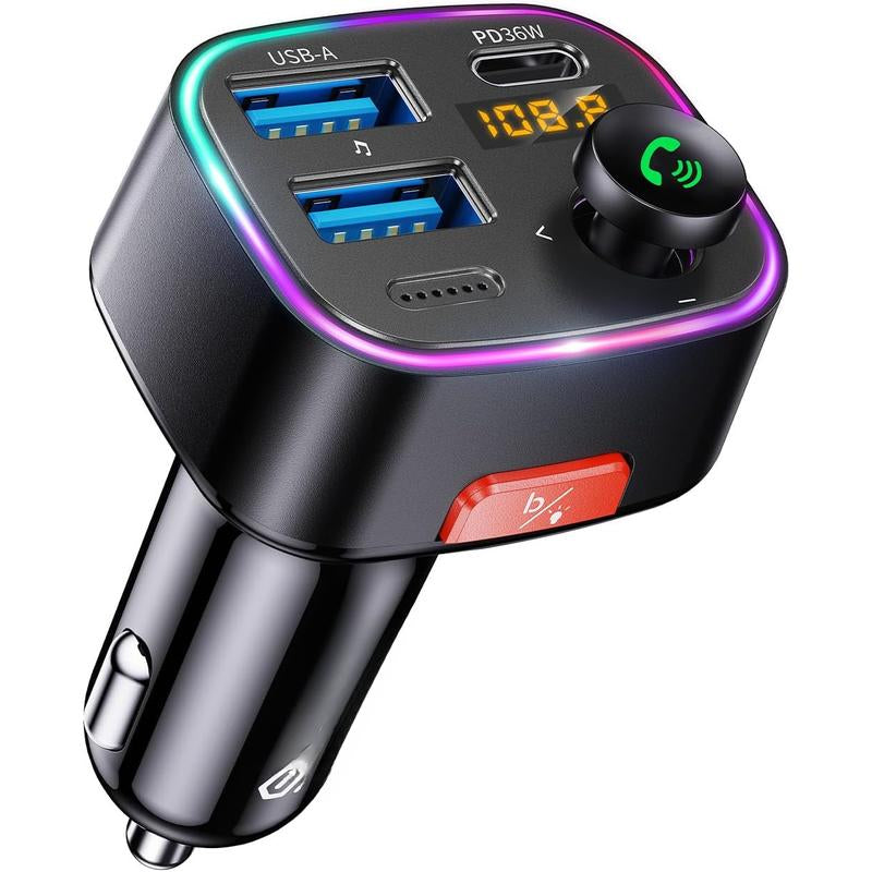 5.3 FM Transmitter Adapter 48W(PD 36W & 12W) [Light ] [Hi-Fi Deep Bass] [Fast ] Radio Music Adapter LED Display Hands-Free Calling Support USB Drive